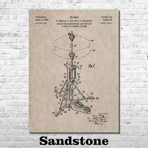 May include: Sandstone print of a hi-hat cymbal stand patent illustration. The diagram shows the stand's components, including a foot pedal and cymbal plates. The patent was published in 1969.