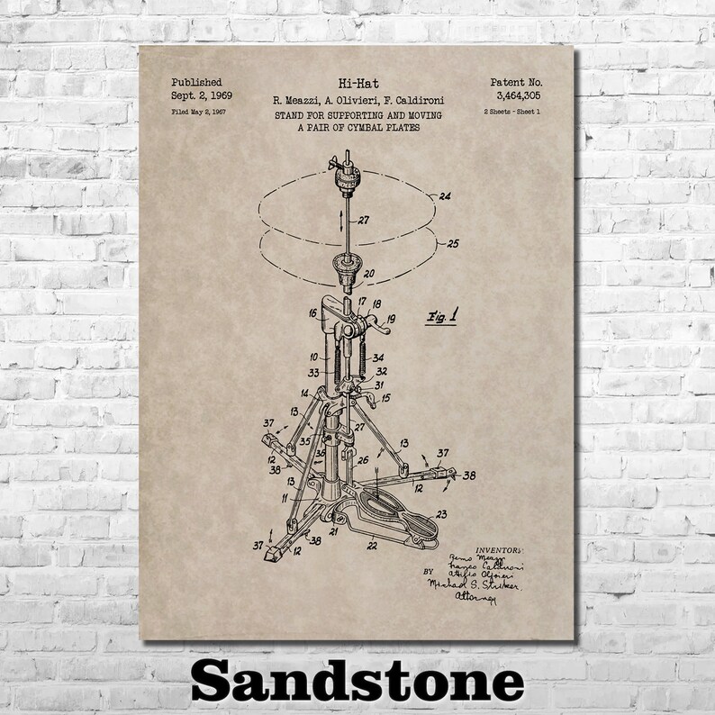 May include: Sandstone print of a hi-hat cymbal stand patent illustration. The diagram shows the stand's components, including a foot pedal and cymbal plates. The patent was published in 1969.
