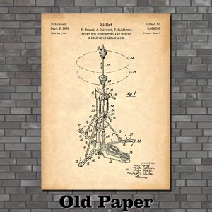 May include: Vintage-style print of a hi-hat cymbal stand patent diagram. The diagram, in black ink on aged paper, details the stand's components, including the pedal, legs, and cymbal support. The text "Old Paper" is at the bottom.