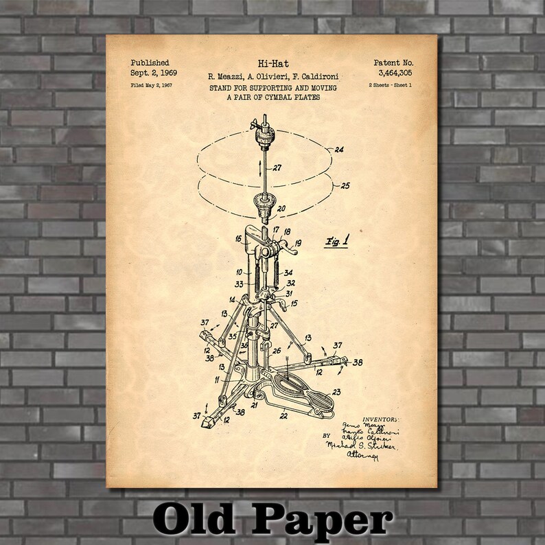 May include: Vintage-style print of a hi-hat cymbal stand patent diagram. The diagram, in black ink on aged paper, details the stand's components, including the pedal, legs, and cymbal support. The text "Old Paper" is at the bottom.