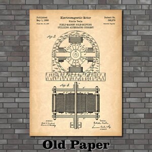 Puede incluir: Un dibujo de patente vintage para un motor electromagn&eacute;tico, dise&ntilde;ado por Nikola Tesla. El dibujo muestra una ilustraci&oacute;n detallada de los componentes internos del motor, incluido el mecanismo de desplazamiento de los polos del im&aacute;n de campo. El n&uacute;mero de patente, 382.279, se muestra de forma prominente en la parte superior del dibujo. El dibujo est&aacute; impreso en un fondo de papel beige.