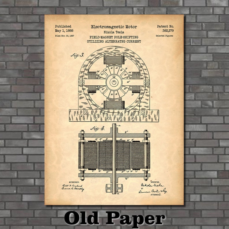 Puede incluir: Un dibujo de patente vintage para un motor electromagn&eacute;tico, dise&ntilde;ado por Nikola Tesla. El dibujo muestra una ilustraci&oacute;n detallada de los componentes internos del motor, incluido el mecanismo de desplazamiento de los polos del im&aacute;n de campo. El n&uacute;mero de patente, 382.279, se muestra de forma prominente en la parte superior del dibujo. El dibujo est&aacute; impreso en un fondo de papel beige.