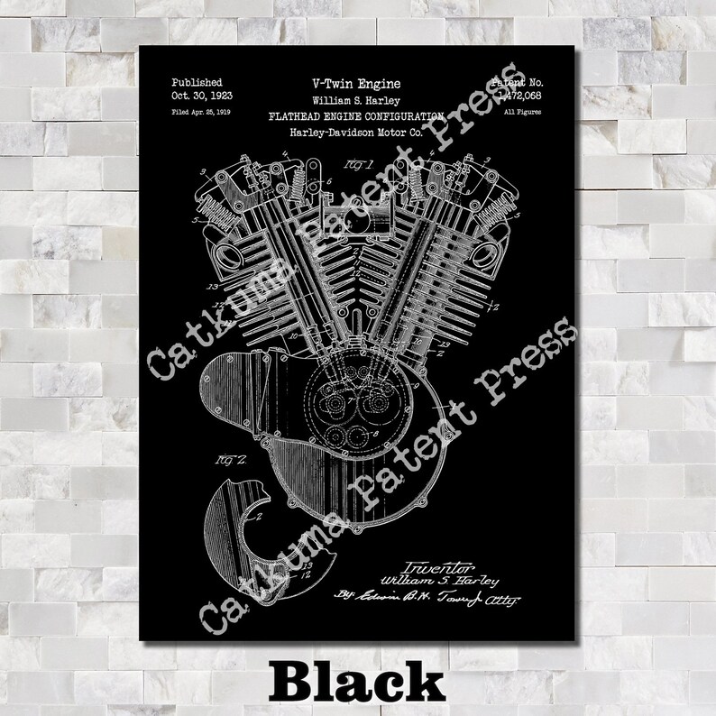 Motorcycle Engine Patent Print Art 1923 Black