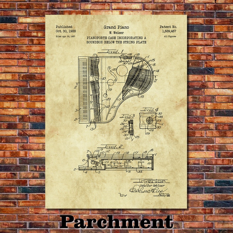 Grand Piano Patent Print Art 1928 Parchment