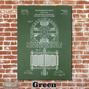 Puede incluir: Un dibujo de patente verde para un motor electromagn&eacute;tico, inventado por Nikola Tesla. El dibujo muestra el dise&ntilde;o del motor e incluye el n&uacute;mero de patente 382.279. El texto "Publicado el 1 de mayo de 1888" y "Archivado el 30 de noviembre de 1887" tambi&eacute;n est&aacute; incluido.