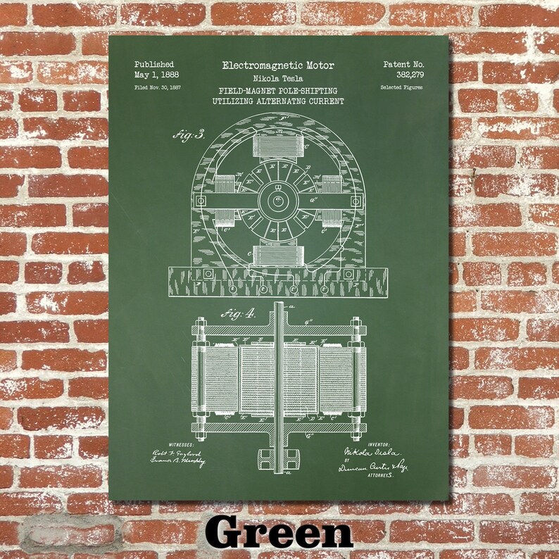 Puede incluir: Un dibujo de patente verde para un motor electromagn&eacute;tico, inventado por Nikola Tesla. El dibujo muestra el dise&ntilde;o del motor e incluye el n&uacute;mero de patente 382.279. El texto "Publicado el 1 de mayo de 1888" y "Archivado el 30 de noviembre de 1887" tambi&eacute;n est&aacute; incluido.
