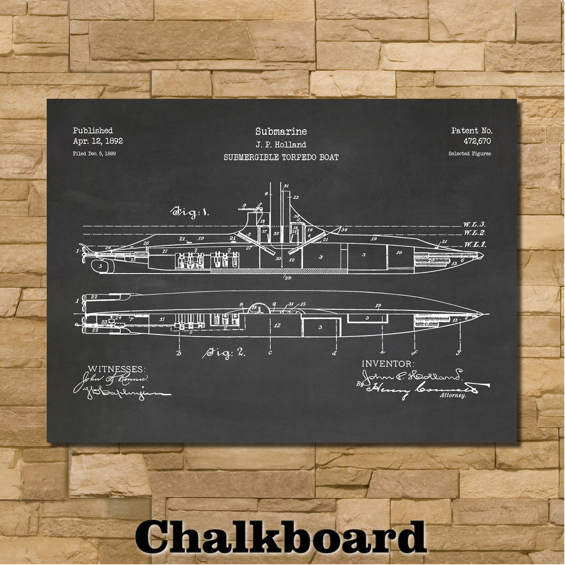 Submarine Patent Print Art 1892 - Etsy