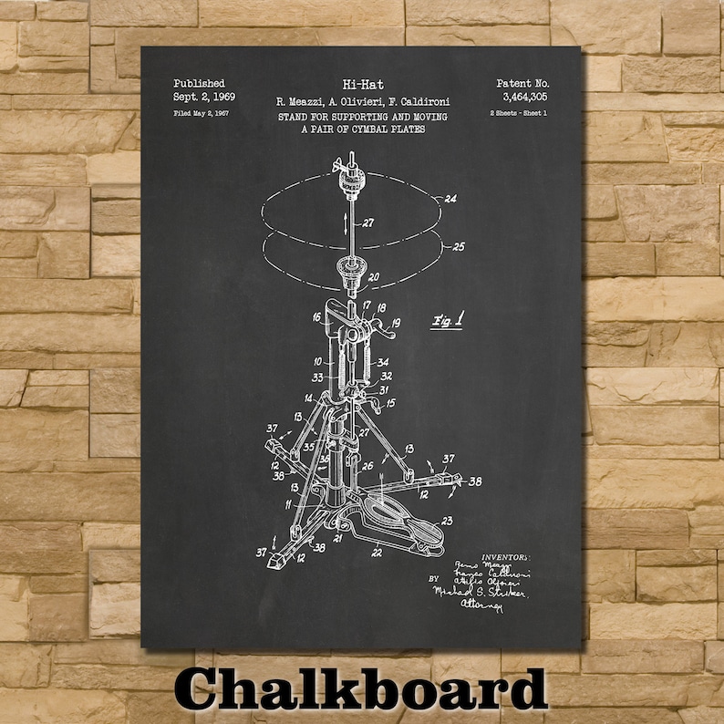 May include: Black and white diagram of a Hi-Hat stand patent from 1969. The diagram shows the stand's components, including the base, pedal, and cymbal supports. The word "Chalkboard" is at the bottom.