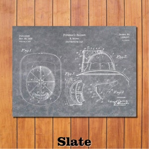 May include: Slate-colored print of a fireman's helmet patent diagram. The diagram includes multiple views of the helmet, labeled Fig. 1 through Fig. 4, with detailed technical drawings and annotations. The text "Fireman's Helmet" is visible.