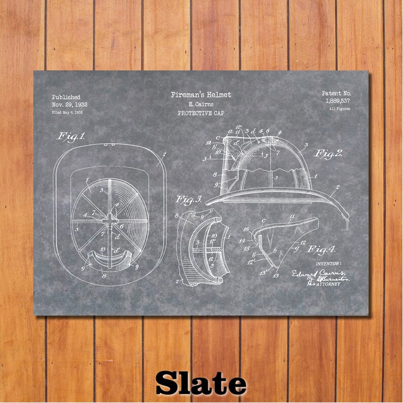 May include: Slate-colored print of a fireman's helmet patent diagram. The diagram includes multiple views of the helmet, labeled Fig. 1 through Fig. 4, with detailed technical drawings and annotations. The text "Fireman's Helmet" is visible.