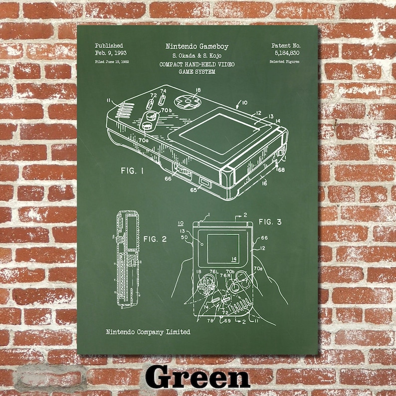May include: A green and white patent drawing of the Nintendo Gameboy, a handheld video game system. The drawing shows the Gameboy's design and features, including its buttons, screen, and cartridge slot. The patent number, 5,184,830, is printed at the top right corner of the drawing. The text "Nintendo Gameboy" and "Compact Hand-Held Video Game System" are printed at the top of the drawing.
