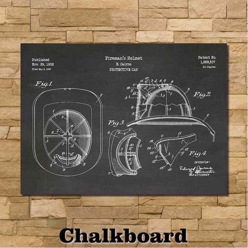 May include: A black chalkboard print of a fireman's helmet patent, featuring detailed diagrams and text. The print includes the patent number, inventor's name, and the date of publication.