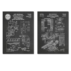 May include: Black and white blueprint style illustrations of the ACE and ENIAC mainframe computers. The illustrations include text describing the computers and their inventors. The text includes the patent numbers and dates.