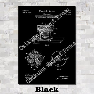 May include: Black and white patent drawing of an electric motor, showing a side view of the motor with a rotating armature and a magnet. The drawing is labeled "Electric Motor" and "T. Davenport". The patent number is 132 A. The date of publication is February 25, 1837.