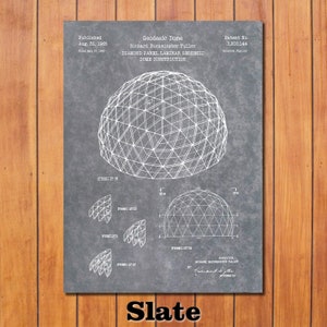 May include: A black and white patent drawing of a geodesic dome. The drawing is titled "Geodesic Dome" and includes the inventor's name, Richard Buckminster Fuller, and the patent number, 3,203,144. The drawing shows a detailed diagram of the dome's construction.