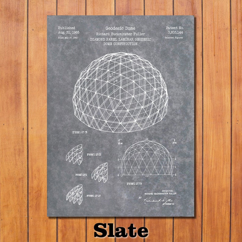 May include: A black and white patent drawing of a geodesic dome. The drawing is titled "Geodesic Dome" and includes the inventor's name, Richard Buckminster Fuller, and the patent number, 3,203,144. The drawing shows a detailed diagram of the dome's construction.
