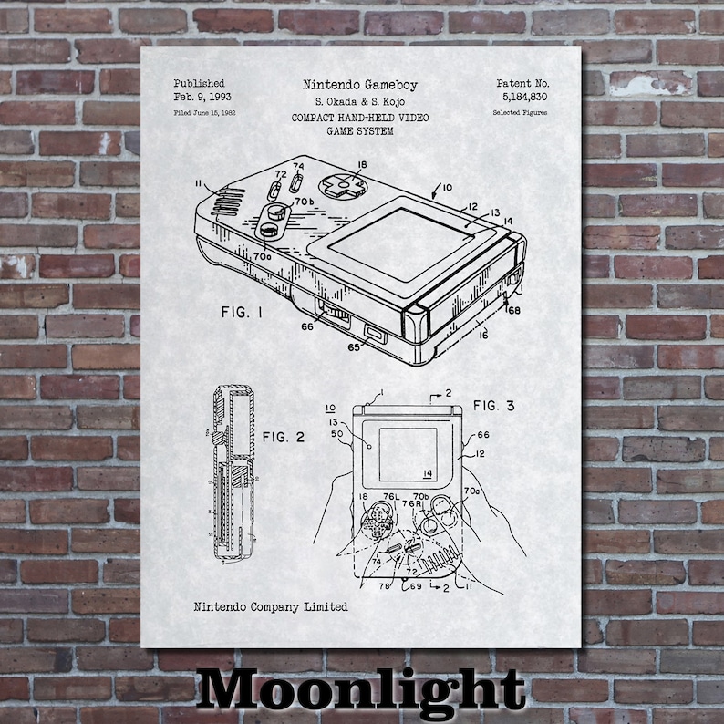 May include: Black and white line drawing of a Nintendo Gameboy patent. The patent was published on February 9, 1993 and filed on June 15, 1962. The patent number is 5,184,830. The drawing shows the Gameboy from different angles.