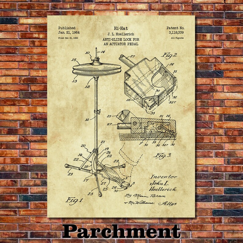Hi-Hat Patent Print Art 1964 Parchment