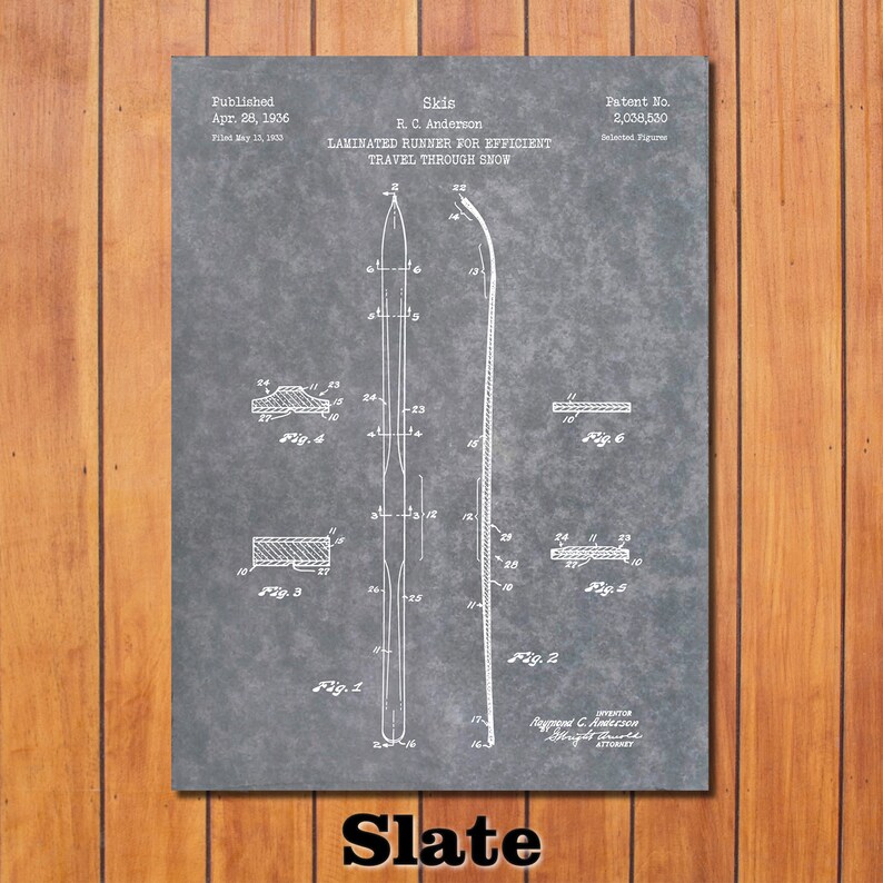 May include: A black and white patent drawing for a ski design. The drawing shows a side view of a ski with a laminated runner for efficient travel through snow. The patent was published on April 28, 1936, and filed on May 15, 1933. The patent number is 2,038,530.