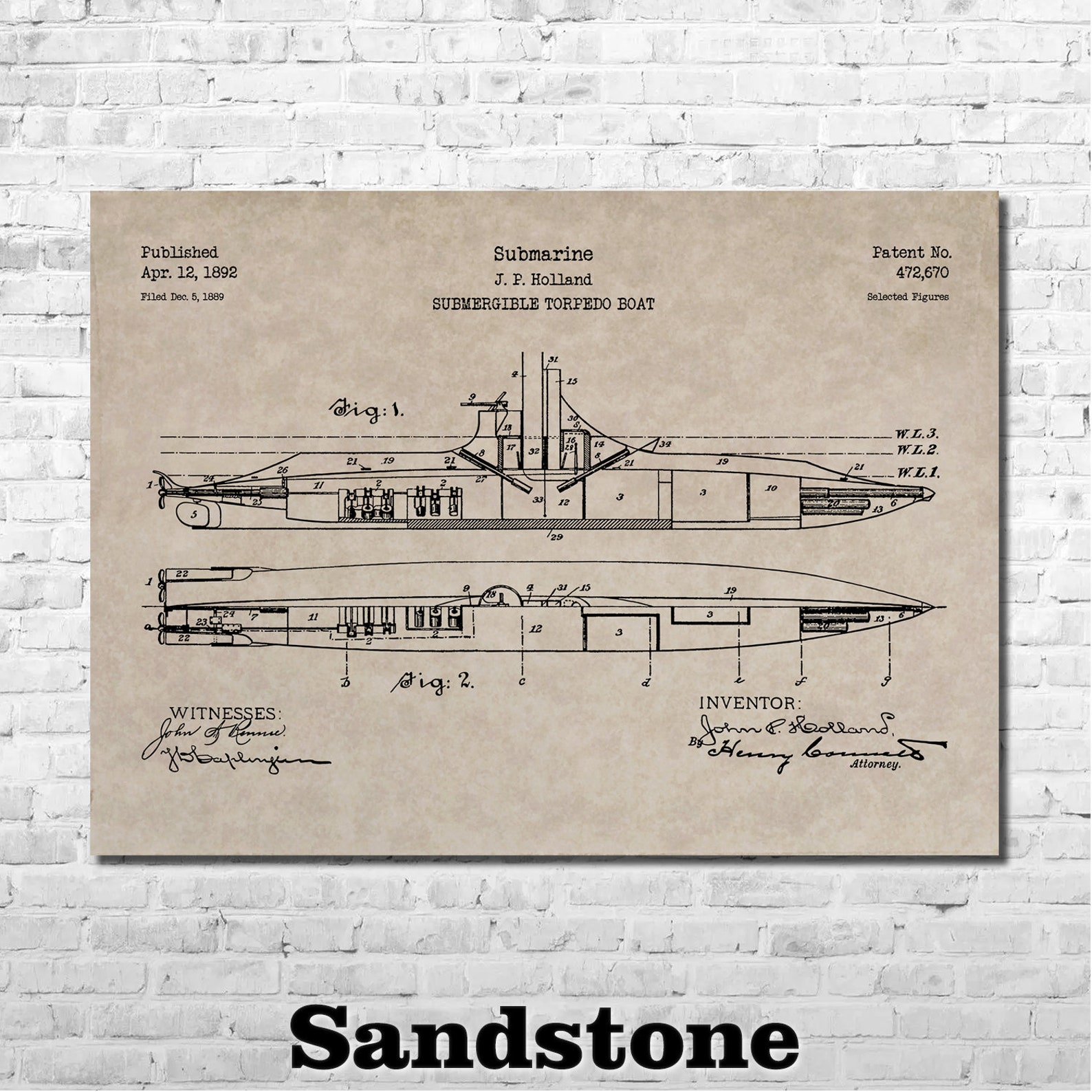 Submarine Patent Print Art 1892 - Etsy