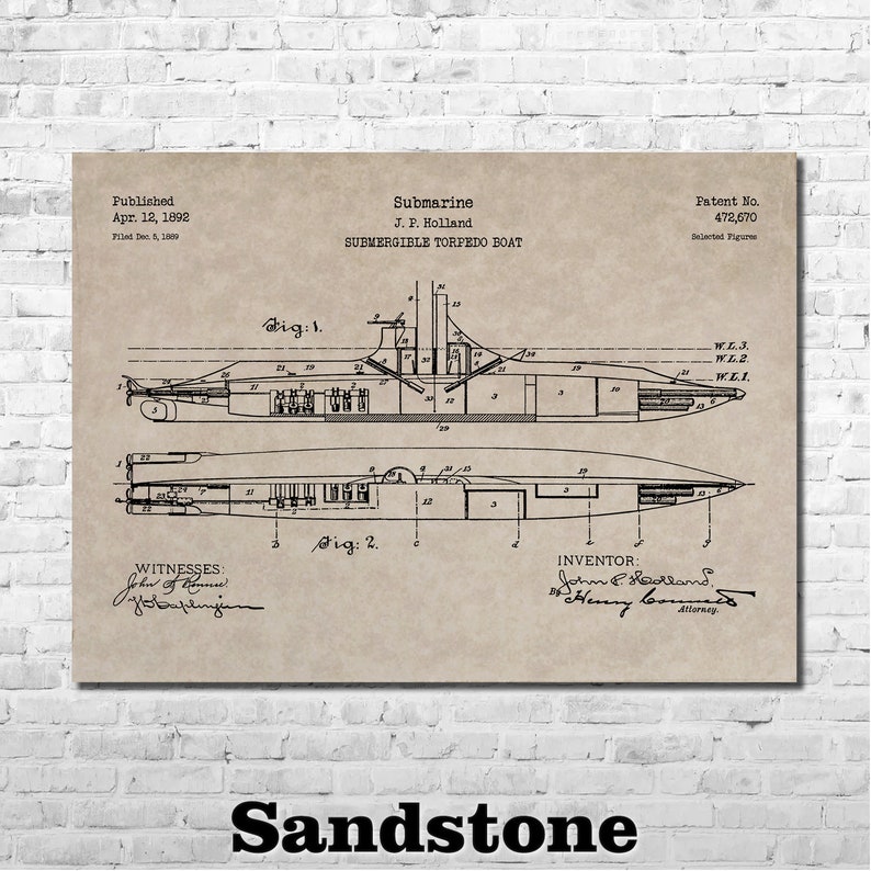 Submarine Patent Print Art 1892 - Etsy