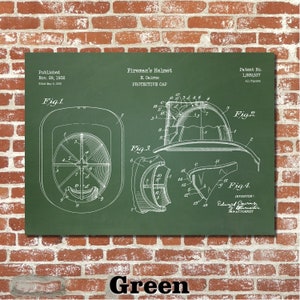 May include: Green print of a fireman's helmet patent illustration. The drawing shows the helmet from different angles, with detailed diagrams and labels. The text includes "Fireman's Helmet" and "Protective Cap."