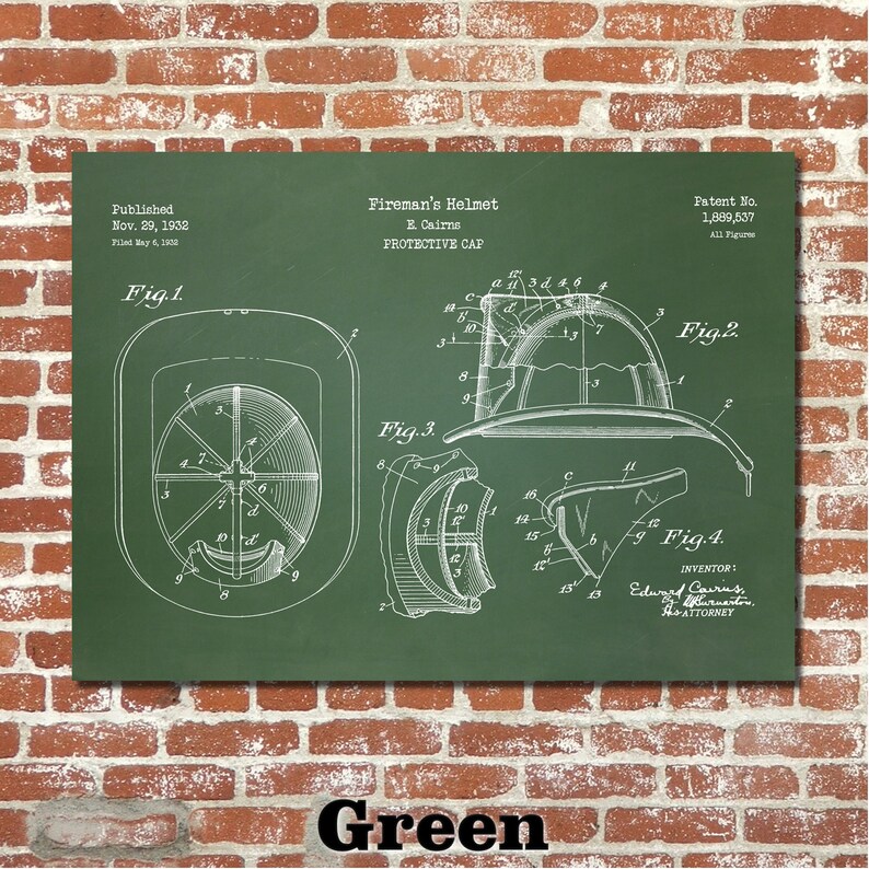 May include: Green print of a fireman's helmet patent illustration. The drawing shows the helmet from different angles, with detailed diagrams and labels. The text includes "Fireman's Helmet" and "Protective Cap."