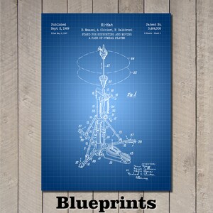 May include: A blue blueprint of a Hi-Hat stand for supporting and moving a pair of cymbal plates. The blueprint includes technical drawings, patent information, and the word "Blueprints" at the bottom.