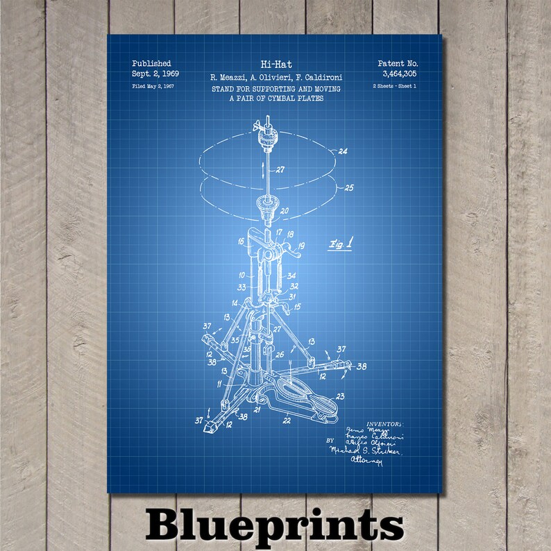 May include: A blue blueprint of a Hi-Hat stand for supporting and moving a pair of cymbal plates. The blueprint includes technical drawings, patent information, and the word "Blueprints" at the bottom.