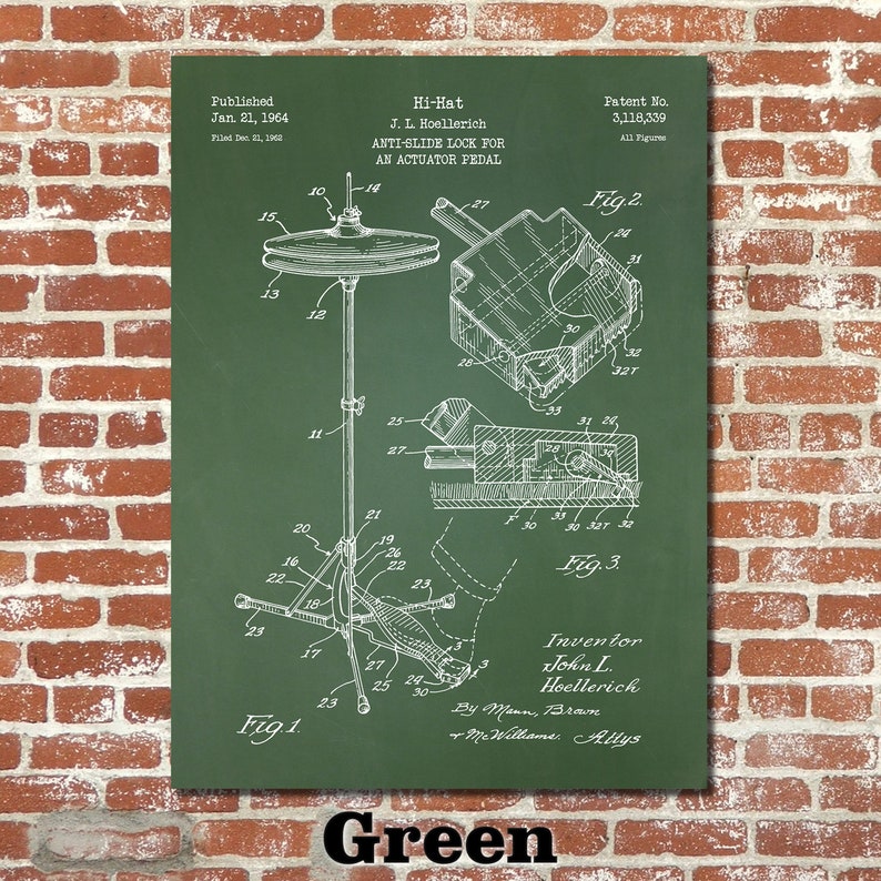 Hi-Hat Patent Print Art 1964 Green