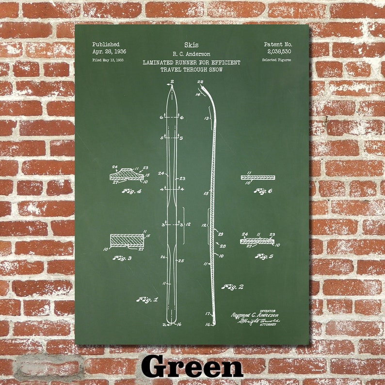 May include: A green patent drawing for a ski design. The drawing shows a side view of the ski with a laminated runner for efficient travel through snow. The patent number is 2,038,530. The patent was published on April 28, 1936, and filed on May 13, 1933. The inventor is R. C. Anderson.