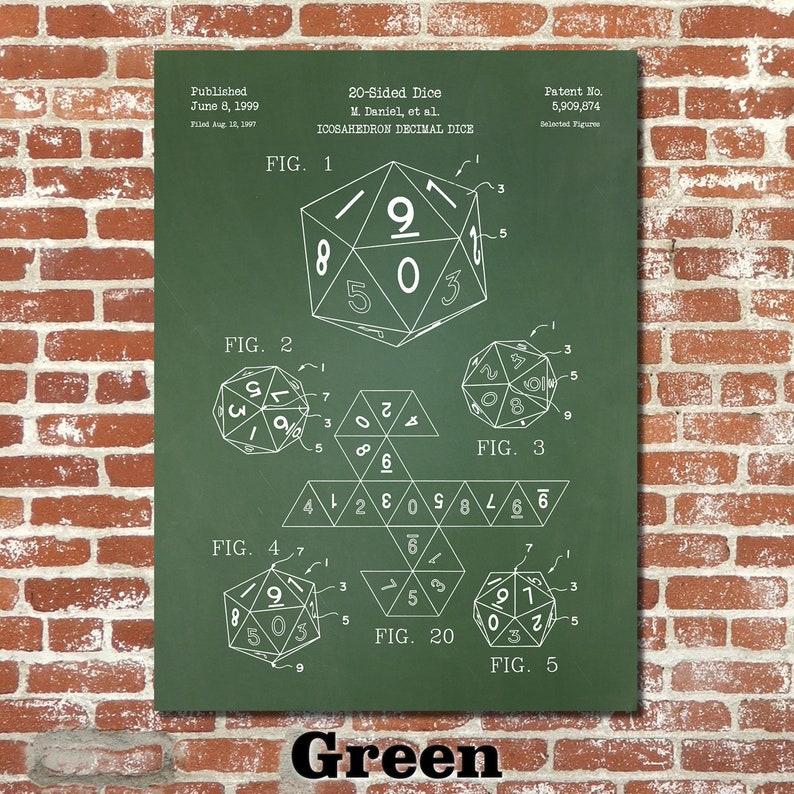 20-Sided Dice Patent Print Art 1999 Green