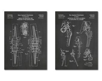 May include: Black and white illustrations of knee and hip implant prosthetics. The illustrations show the different parts of the implants and how they are used to replace the natural knee and hip joints. The text on the image reads "Knee Implant Prosthesis", "Hip Implant Prosthesis", "Method for Replacing the Functions of the Natural Knee", "Artificial Hip Joint and Method of Implanting in a Patient", "Patent No. 3,909,854", "Patent No. 3,744,061", "Y.M. Martinez", "E. Frost", "Published Oct. 7, 1975", "Published July 10, 1973".