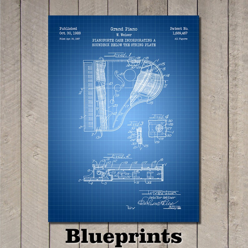 Grand Piano Patent Print Art 1928 Blueprints