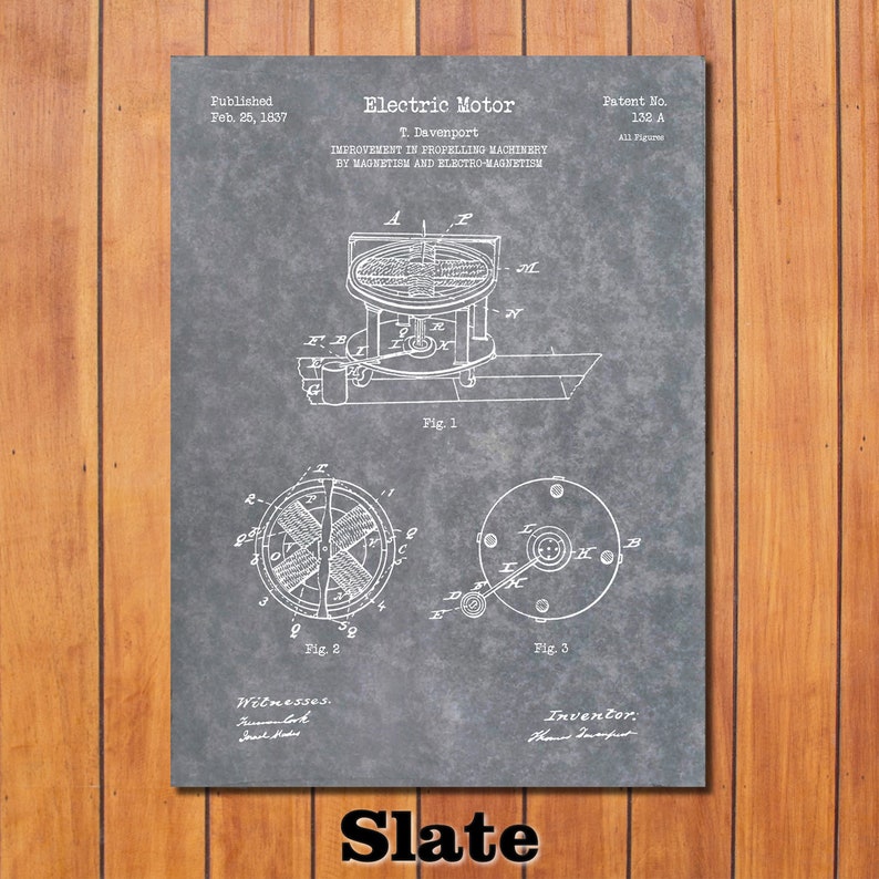 May include: A black and white vintage patent drawing of an electric motor. The drawing shows a detailed illustration of the motor's components and workings. The patent is titled "Electric Motor" and was published on February 25, 1837. The patent number is 132 A.