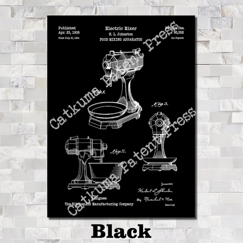 Art Print Depicting KitchenAid Mixer Patent 1935 Black