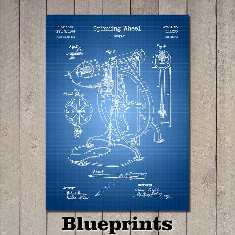 Spinning Wheel Patent Print Art 1874 Etsy
