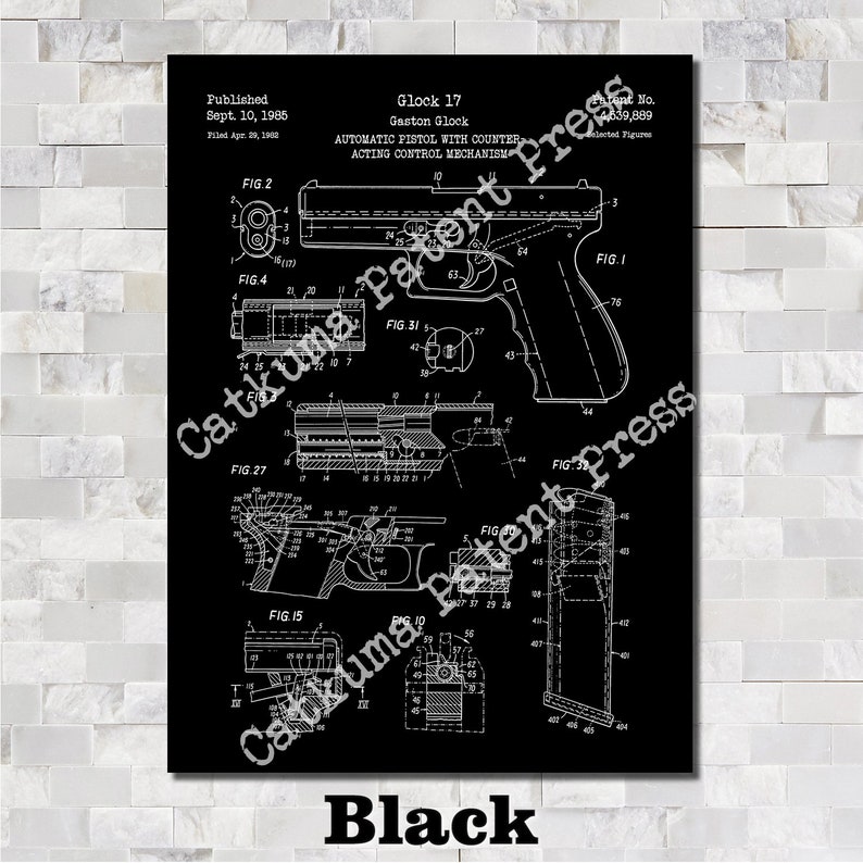 Patent for Glock 17/19 Art Print 1985 Black