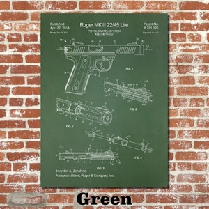 Puede incluir: Un dibujo de patente verde para un sistema y m&eacute;todo de ca&ntilde;&oacute;n de pistola Ruger MKIII 22/45 Lite. El dibujo muestra una vista lateral de la pistola y varias vistas de cerca del sistema de ca&ntilde;&oacute;n. El n&uacute;mero de patente es 8.701.326. La patente se public&oacute; el 22 de abril de 2014.