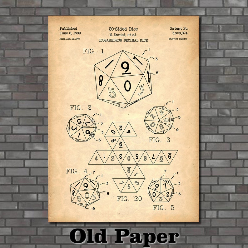 20-Sided Dice Patent Print Art 1999 Old Paper
