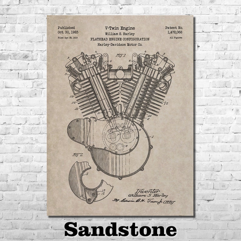 Motorcycle Engine Patent Print Art 1923 Sandstone