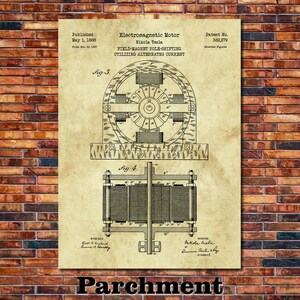 Puede incluir: Un dibujo de patente vintage para un motor electromagn&eacute;tico, dise&ntilde;ado por Nikola Tesla. El dibujo muestra una ilustraci&oacute;n detallada de los componentes internos del motor, incluido el mecanismo de desplazamiento de los polos del im&aacute;n de campo. El n&uacute;mero de patente, 382.279, se muestra de forma prominente en la parte superior del dibujo. El dibujo est&aacute; impreso en un fondo de tipo pergamino.