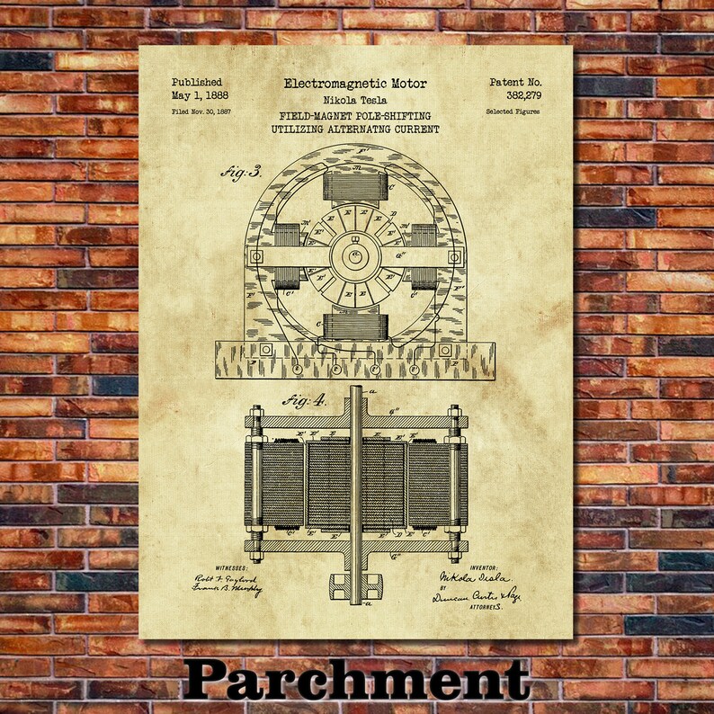 Puede incluir: Un dibujo de patente vintage para un motor electromagn&eacute;tico, dise&ntilde;ado por Nikola Tesla. El dibujo muestra una ilustraci&oacute;n detallada de los componentes internos del motor, incluido el mecanismo de desplazamiento de los polos del im&aacute;n de campo. El n&uacute;mero de patente, 382.279, se muestra de forma prominente en la parte superior del dibujo. El dibujo est&aacute; impreso en un fondo de tipo pergamino.