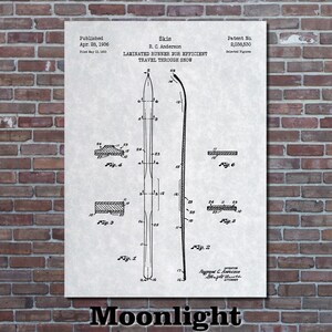 May include: Black and white patent drawing of a ski design. The drawing shows a side view of the ski with a laminated runner for efficient travel through snow. The patent number is 2,038,530 and the patent was filed on May 13, 1933 and published on April 28, 1936. The inventor is R.C. Anderson.