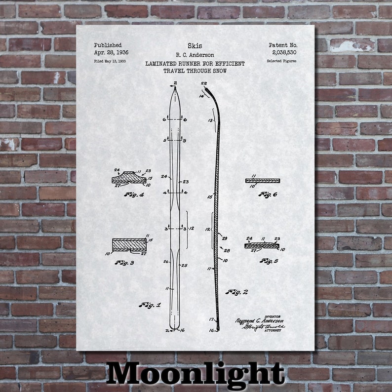 May include: Black and white patent drawing of a ski design. The drawing shows a side view of the ski with a laminated runner for efficient travel through snow. The patent number is 2,038,530 and the patent was filed on May 13, 1933 and published on April 28, 1936. The inventor is R.C. Anderson.