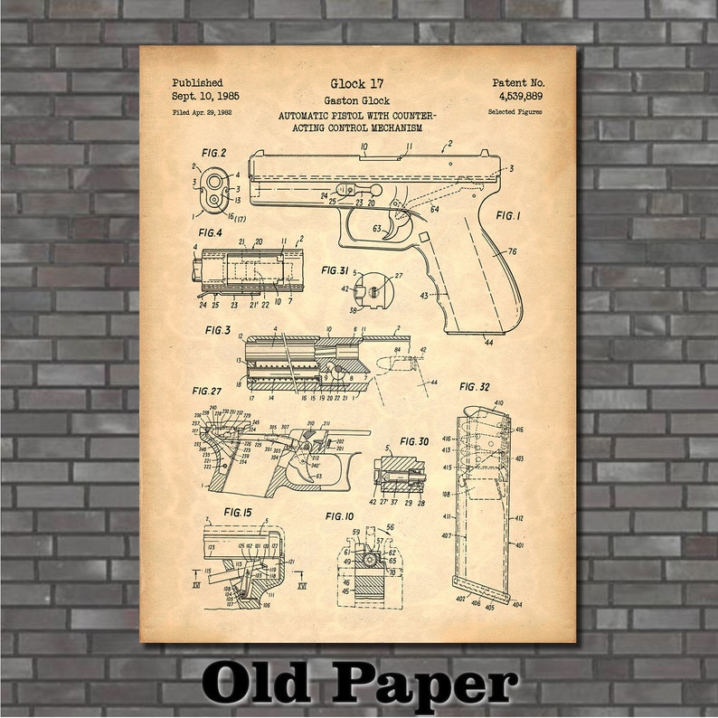 Patent for Glock 17/19 Art Print 1985 Old Paper