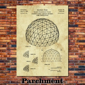 May include: A vintage patent drawing for a geodesic dome construction. The drawing shows a detailed illustration of the dome's structure, with lines and labels indicating the different components. The patent information includes the inventor's name, Richard Buckminster Fuller, the patent number, 3,203,144, and the date of publication, August 31, 1965.