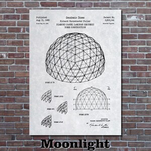 May include: Black and white patent drawing of a geodesic dome construction. The drawing shows a 3D rendering of the dome, along with diagrams of the individual panels. The patent was published on August 31, 1965, and filed on May 27, 1960. The patent number is 3,203,144. The inventor is Richard Buckminster Fuller.