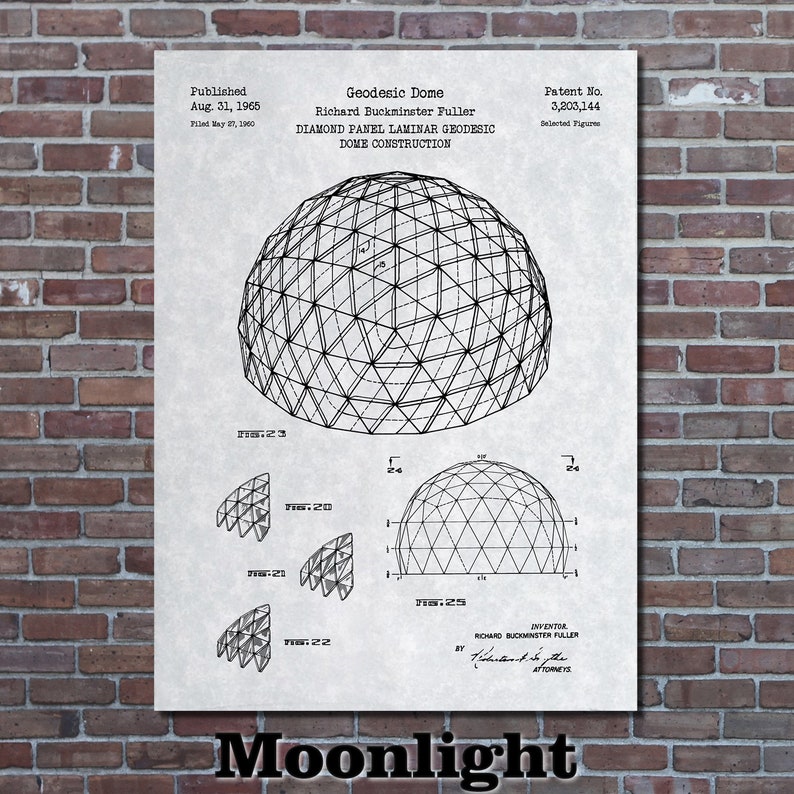 May include: Black and white patent drawing of a geodesic dome construction. The drawing shows a 3D rendering of the dome, along with diagrams of the individual panels. The patent was published on August 31, 1965, and filed on May 27, 1960. The patent number is 3,203,144. The inventor is Richard Buckminster Fuller.