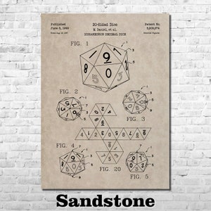 20-Sided Dice Patent Print Art 1999 Sandstone